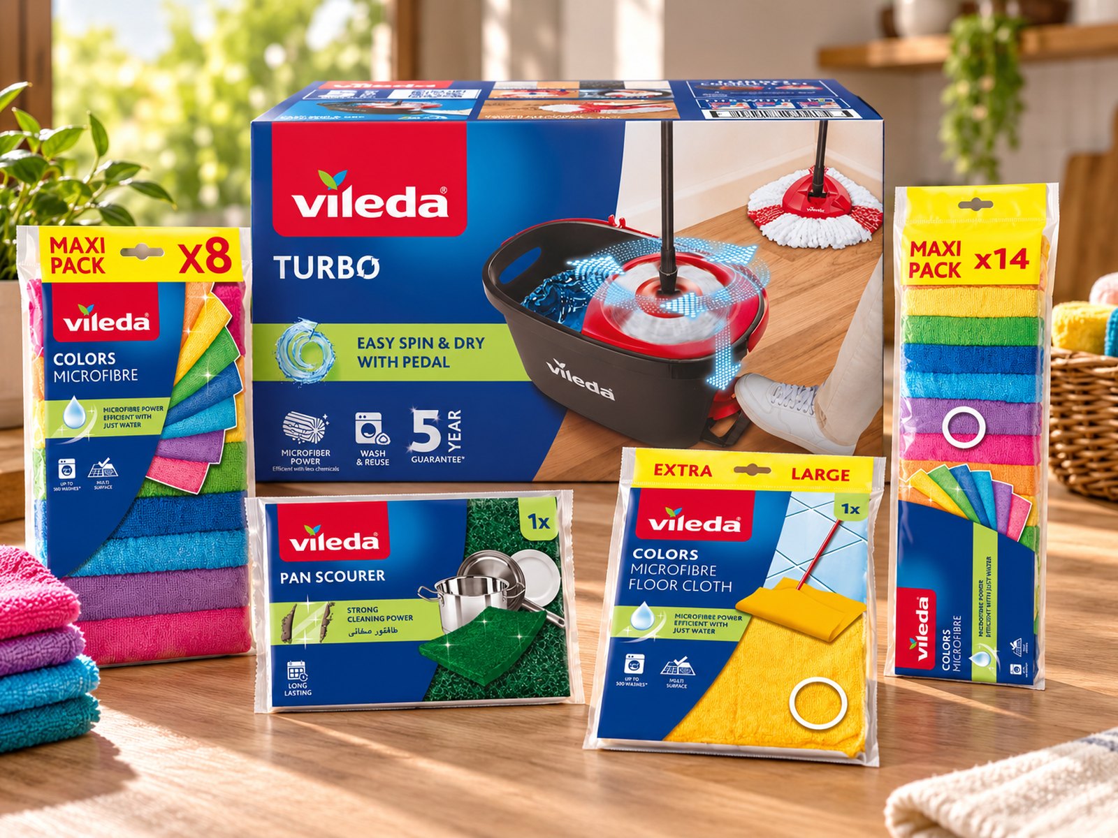 Vileda Turbo spin mop, microfibre cloths and Pan Scourer